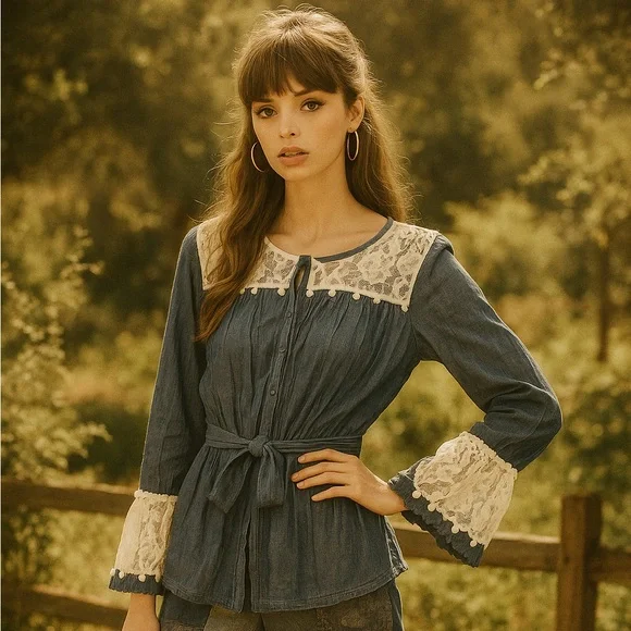 Ryu Blue Jean Jacket with White Lace Accents - Picture 1 of 5